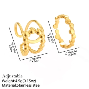 Minimalist adjustable golden stainless steel beaded ring and ear clip jewelry set