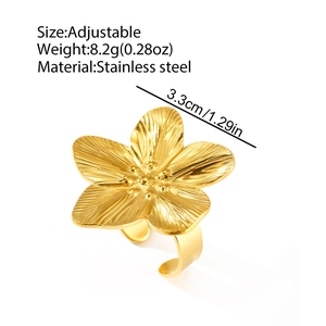 Gold stainless steel five-petal flower adjustable ring with textured metal engraving