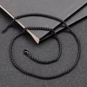 Unisex black wheat chain necklace in matte titanium steel with a secure lobster clasp