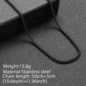 Black stainless steel wheat chain necklace 50cm with industrial texture for men women