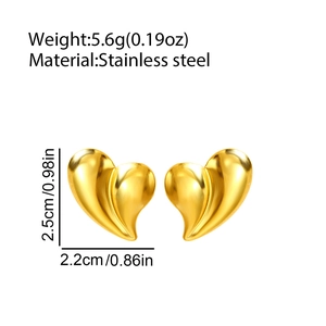 Polished gold heart earrings made of stainless steel with dimensions and weight specs