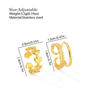 Detailed view of 18K gold plated stainless steel leaf rings with adjustable design