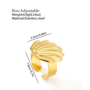 Detailed view of an adjustable golden scallop shell ring crafted from premium stainless steel