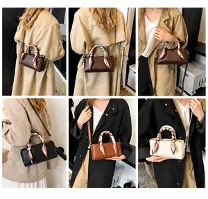 Collage of chic boston bags with scarf-wrapped handles in four seasonal colors