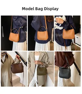 Détails de sac tissé pour femme en quatre couleurs montrant le porté épaule et croisé