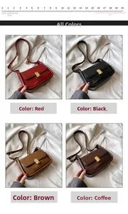 Collage of vintage square leather crossbody bags in red, black, brown, and coffee shades