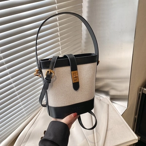 Vintage Patchwork Canvas PU Leather Bucket Bag For Women Retro Gold Turn Lock Shoulder Crossbody Bag Elegant Casual Handbag
