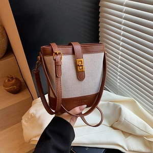 Brown and beige canvas patchwork bucket bag with vintage gold metal lock on white background