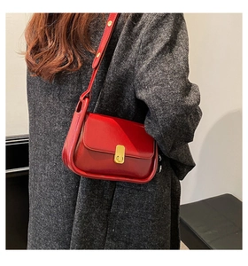 Detail of red vintage crossbody bag with gold metallic buckle on grey tweed coat