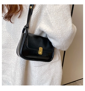 Detail of vintage black glossy leather small square bag with golden buckle on fuzzy coat