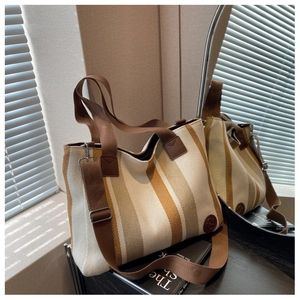 Detailed mirror view of a striped canvas tote bag with adjustable shoulder strap and handles