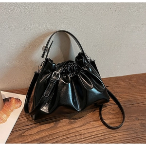 Detailed close-up of a black pleated dumpling bag with silver hardware and leather texture