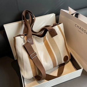Damen Große Kapazität Gestreifte Canvas Tragetasche Lässiges Business Pendeln Schultertasche Mit Reißverschluss Doppelgriffen Mode Handtasche