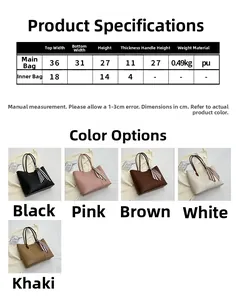 Detailed size chart and specifications for the large capacity PU leather tote bag set