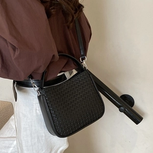 Classic black woven texture shoulder bag with stylish matte finish and silver hardware
