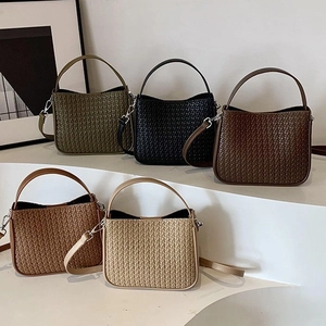 Minimalist woven leather handbags in five colors with top handles and shoulder straps