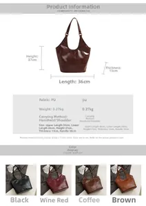 Gedetailleerde maattabel en kleuropties voor grote vintage PU-lederen shopper tas