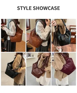 Collage van stijlvolle grote vintage draagtas in diverse kleuren gedragen door model