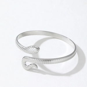 Macro shot of silver snake cuff bracelet showing detailed engraved scale textures on steel