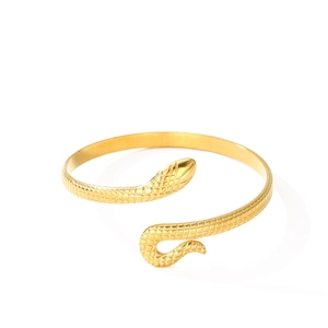 Adjustable golden snake-shaped stainless steel cuff bracelet with detailed scale texture
