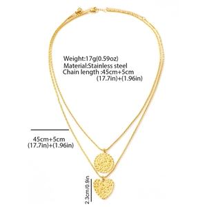 Détails du collier double couche en acier doré avec pendentifs cœur et disque rond