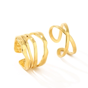 Adjustable golden stainless steel ring set featuring cross and wave textures for men and women