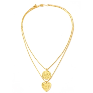 Collier double couche en acier doré avec pendentifs texturés ronds et en cœur