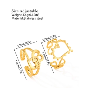 Detailed view of adjustable golden stainless steel rings with hollow heart designs