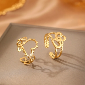 Vintage hollow heart stainless steel open rings in 18K gold finish for women