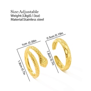 Detail of adjustable golden stainless steel rings with snake scale and geometric patterns