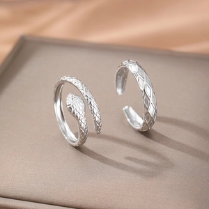 Two-piece silver stainless steel snake ring and lattice band set with adjustable open design