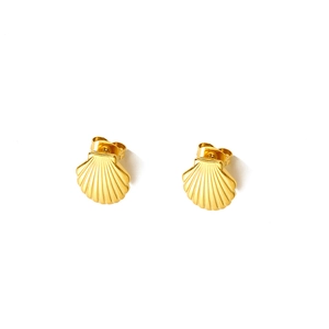 Polished gold scallop shell stud earrings in stainless steel with butterfly backs