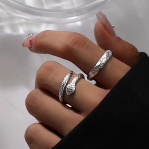 Close-up of stacked silver snake-shaped ring and textured geometric ring on a hand