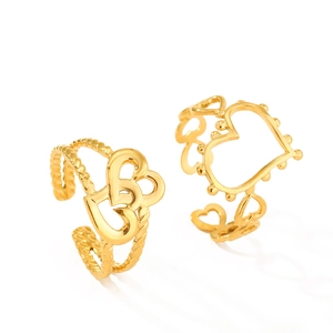 Vintage gold hollow heart stainless steel open rings with twisted band and grain details