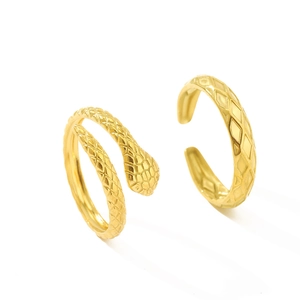 Chic gold-plated snake and diamond-pattern stainless steel open ring set for women
