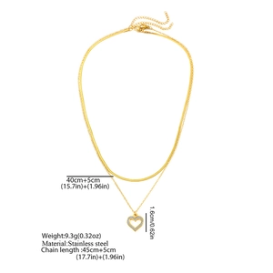 Detail showing 18K gold plated double layer necklace with hollow heart pendant and clear zircon