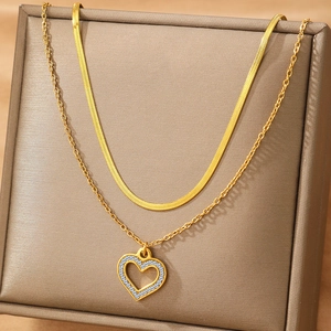 18K gold plated double layer necklace featuring snake chain and zircon heart pendant