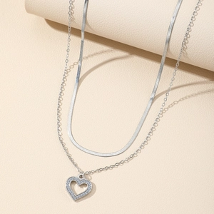 Silver 18K vacuum plated double-layer heart pendant necklace with cubic zirconia