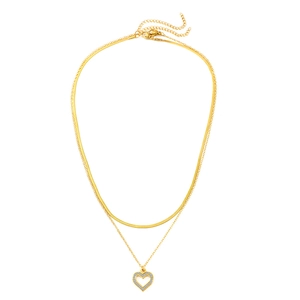 18K gold plated double layer necklace with snake chain and zircon hollow heart pendant