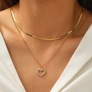 Double Layer Heart Pendant Necklace 18K Gold Plated Stainless Steel Hollow Heart With Zircon Snake Bone Chain For Women