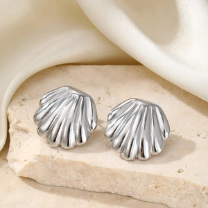 Elegant silver scallop shell stud earrings in a high-polished finish for women