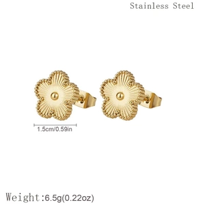 Detailed size view of gold stainless steel flower earrings with 1.5cm diameter measurement