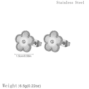Detailed view of silver stainless steel clover earrings with textured flower petals