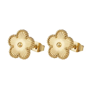 Elegant gold clover stud earrings for women with beaded edges and floral design details