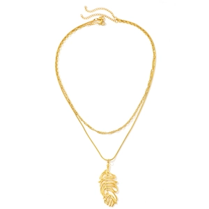 Collier double rang en acier inoxydable doré avec pendentif plume et chaîne serpent