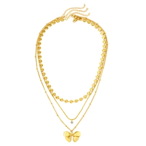 Collier doré à trois rangs avec disques tournesol, cristal et un pendentif nœud élégant