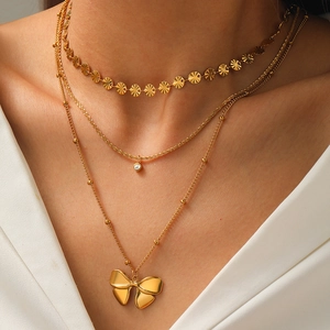 Collier Multi-Rangs Acier Inoxydable Zircone Cubique Pendentif Nœud Papillon Disque Solaire Bijoux Élégants Femmes