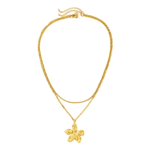 Exaggerated golden double-layered stainless steel necklace with ruffled flower pendant