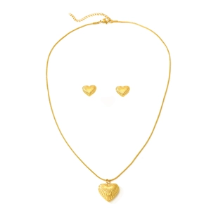 Golden heart jewelry set with necklace and earrings featuring radial relief texture