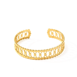 Wide geometric hollow out gold stainless steel open cuff bracelet with X pattern